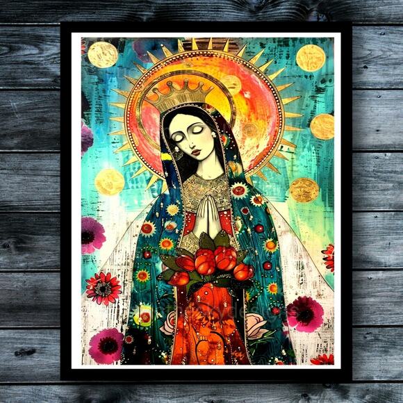 Handmade Other - Holy Mother Mary Sacred Heart Folk Art Print Bright Wall Decor